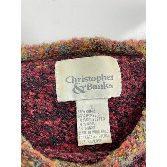 Christopher & Banks Crew Neck Knit Sweater Womens Large Red Green Ramie Blend BI - Picture 4 of 6